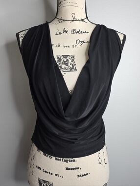 LIPSTICK Black Cowl Neck Backless Top Silver Ring Hardware Detail Y2K Goth Sz SE